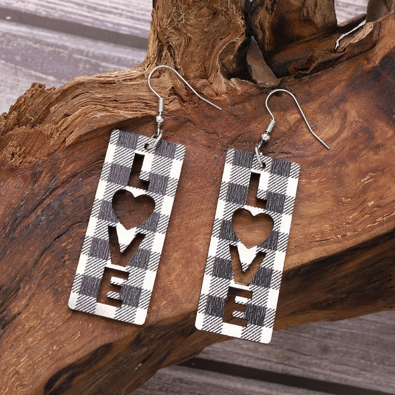 Wholesale Plaid Striped English Letter LOVE Wooden Heart-shaped Earrings
