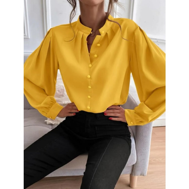 Wholesale New Elegant Solid Lapel Long Sleeve Single-breasted Loose Blouse with Solid Lapels