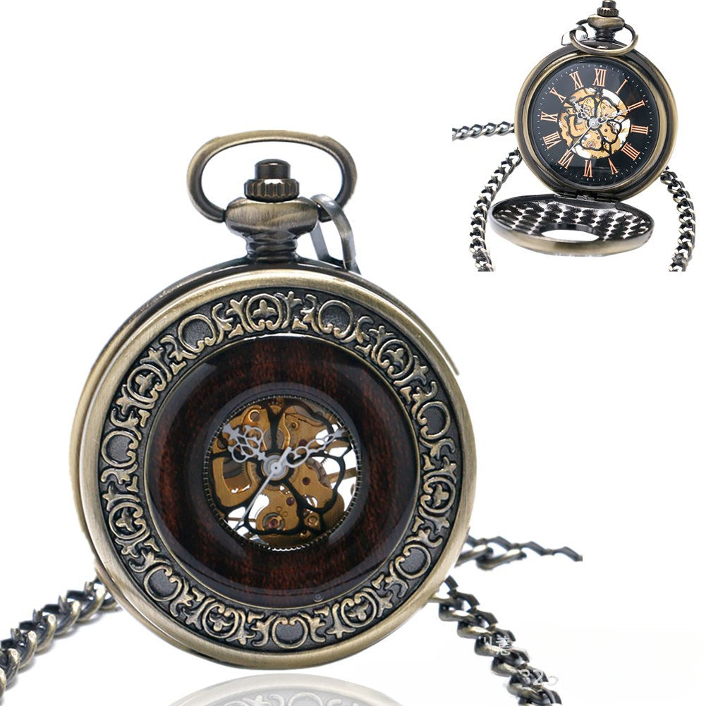 Wholesale Vintage Wooden Circle Skeleton Vintage Roman Numeral Manual Mechanical Alloy Pocket Watch