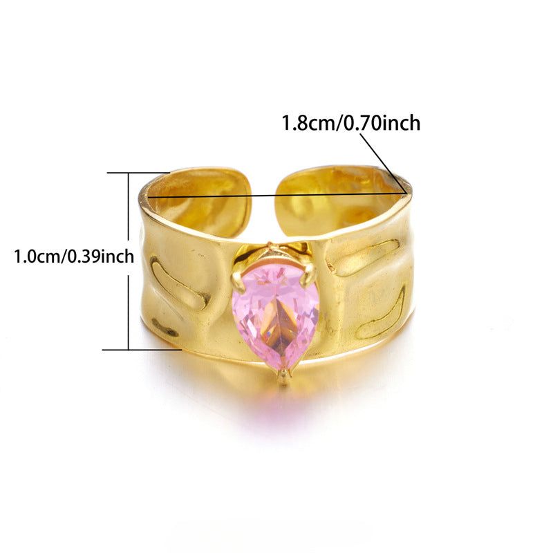 Wholesale Stainless Steel Gold Pink Zircon Hammer Pattern Wide Face Ring