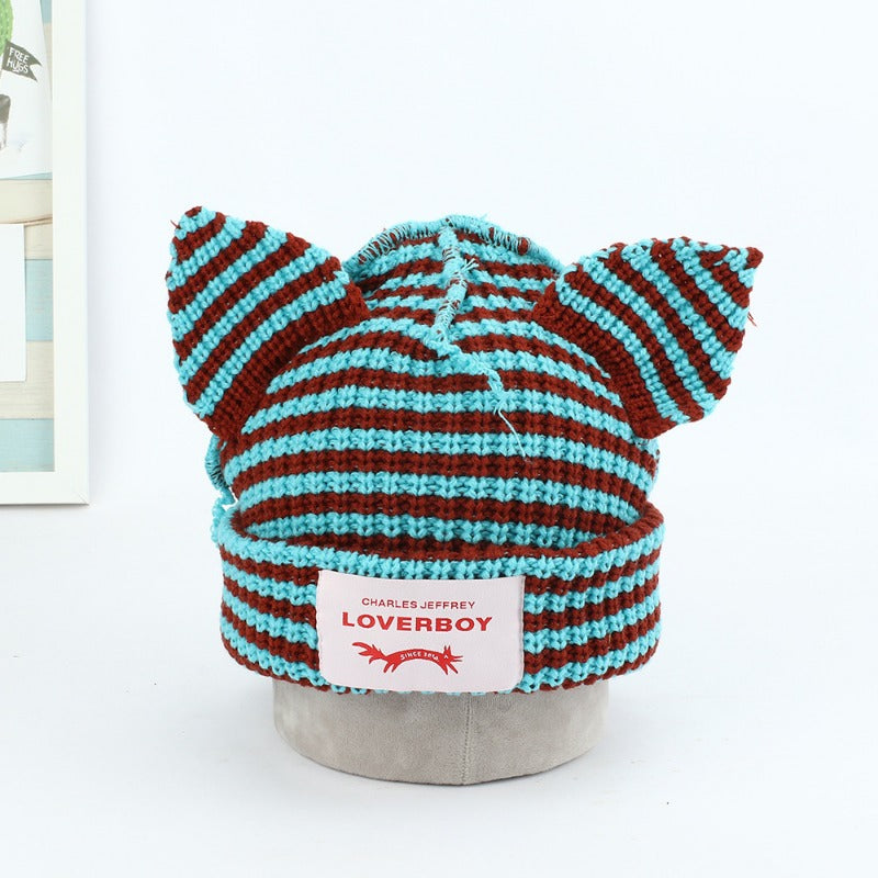 Wholesale Handmade Pig Ear Yarn for Autumn and Winter Warmth, Color Blocked Stripes, Fashionable Knitted Hat