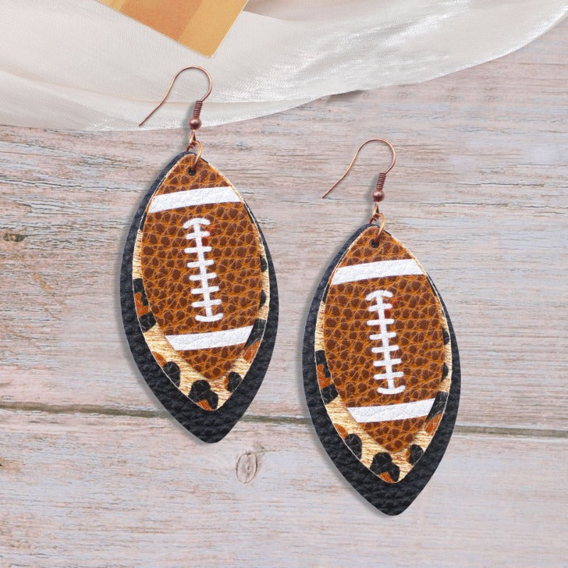 Wholesale Sports Style Rugby Brown Leopard Print Leaf Three-layer Leather Dot Diamond Rugby Earrings