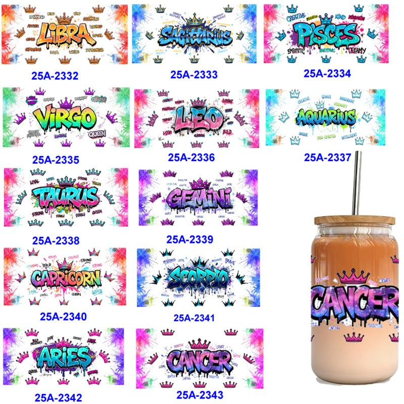 Wholesale 1pcs/5pcs Cartoon Crown Colorful Letter The Twelve Zodiac Signs 16oz Cup UV DTF Wraps