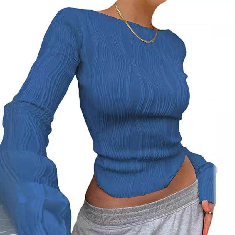 Wholesale Patchwork Pullover Long-sleeved Round Neck Slim Fit Women's T-shirt