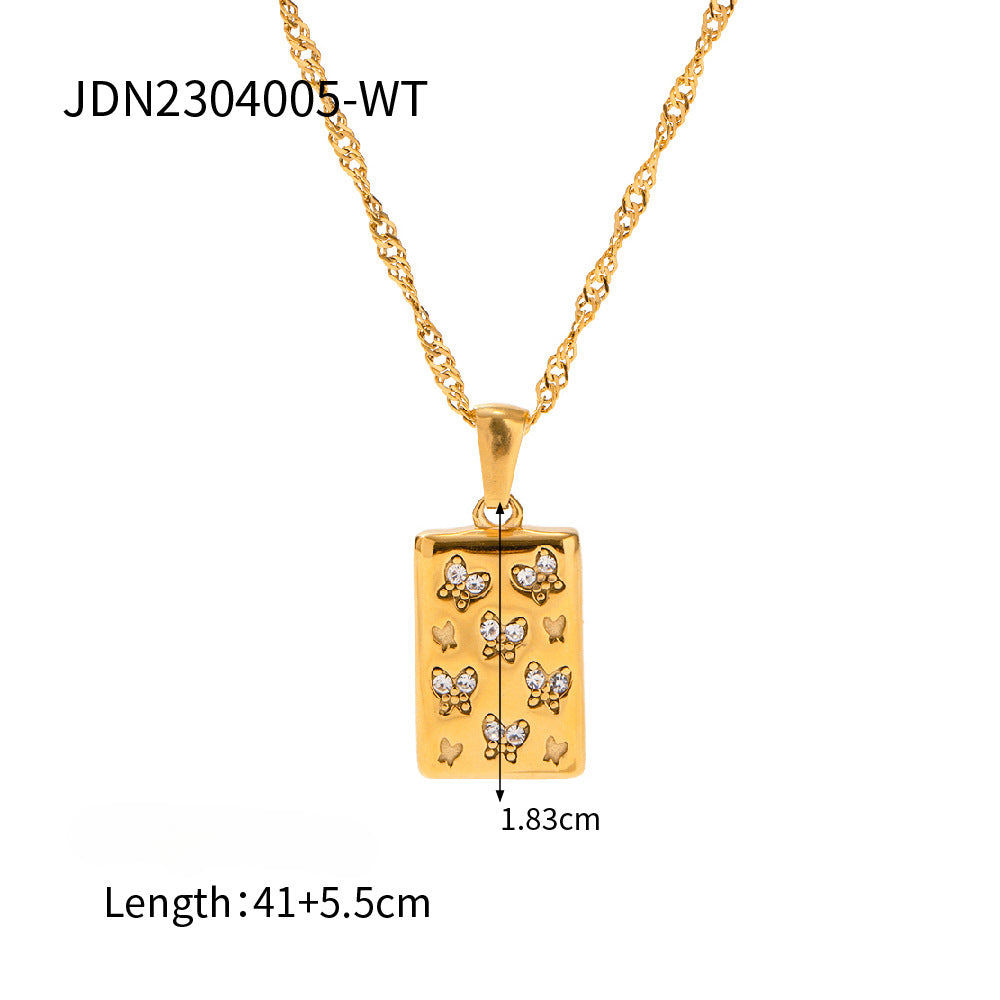 Wholesale Retro Square Butterfly White Diamond Stainless Steel Necklace