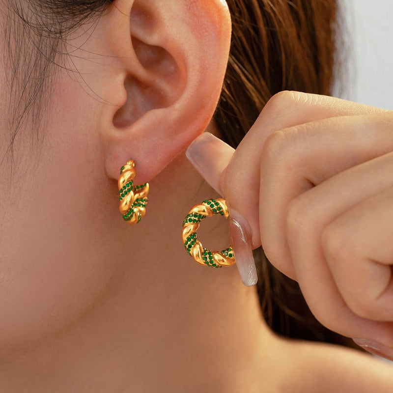 Wholesale Fashionable and Simple U-shaped Titanium Steel Inlaid Zircon Twisted Non-fading Light Luxury Temperament Earrings