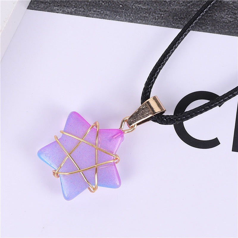 Wholesale Crystal Multi-color Gold Thread Five-pointed Star Necklace