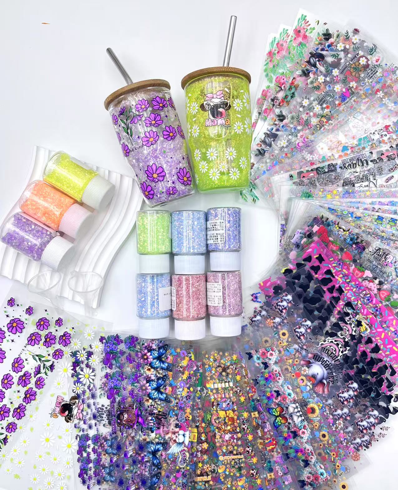 Wholesale Snowgloble 3oz Double Layer Shot Glass One Sets Including One Snowgoble Glass and 3 Boxes Gravel Glitter Filler and One Straw and One Funnel Filling Tool and One Piece Random Style Matching UVdtf Sticker Sets