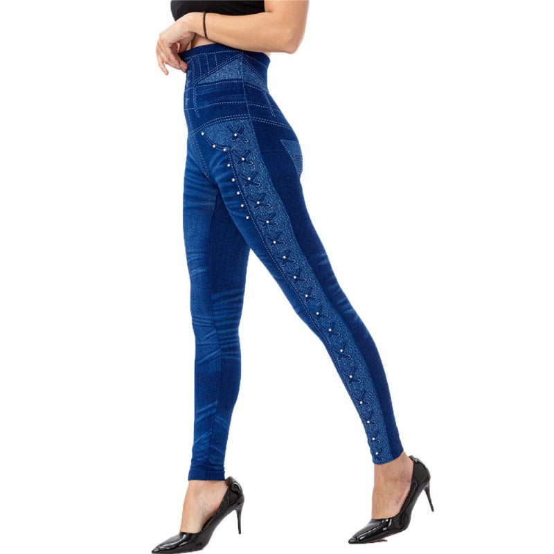 Wholesale High Waisted Nail Bead Imitation Denim Elastic Slim Fit Cropped Pants