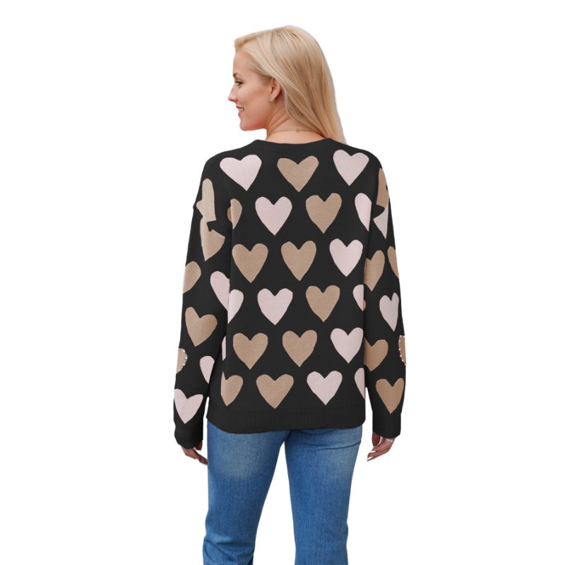 Wholesale Valentine's Day Round Neck Handmade Beaded Peach Heart Pullover Sweater