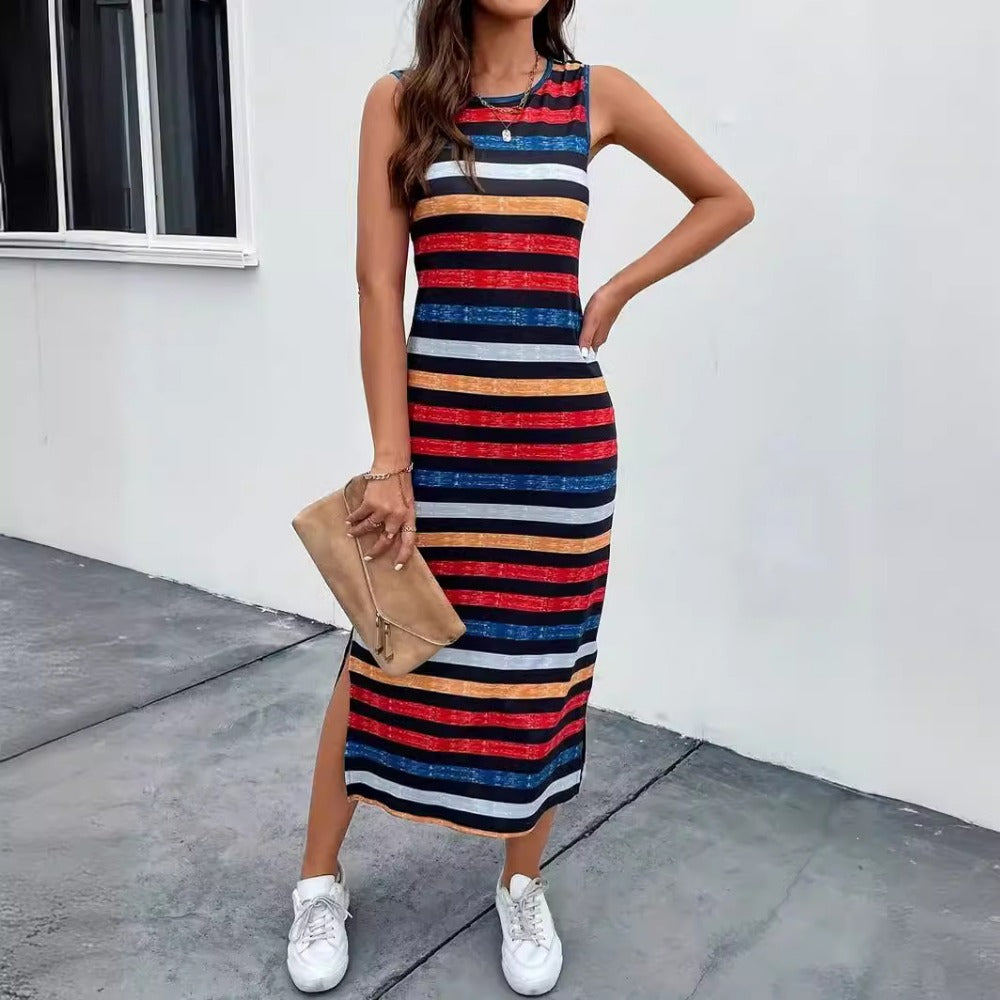 Wholesale Sleeveless Striped Sexy Slit Dress