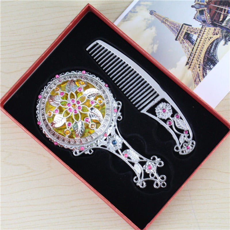 Wholesale Ethnic Style Rose Gold Carving with Comb Handle Exquisite Gift Box Packaging Mirror