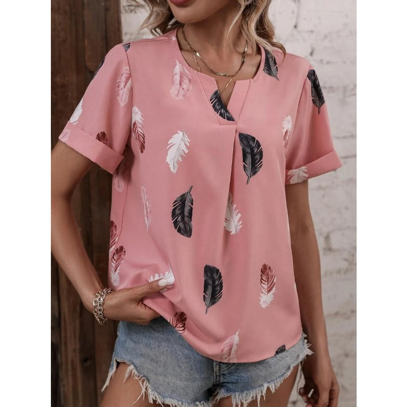 Wholesale Feather Pattern Printed V Neck Loose Short Sleeves