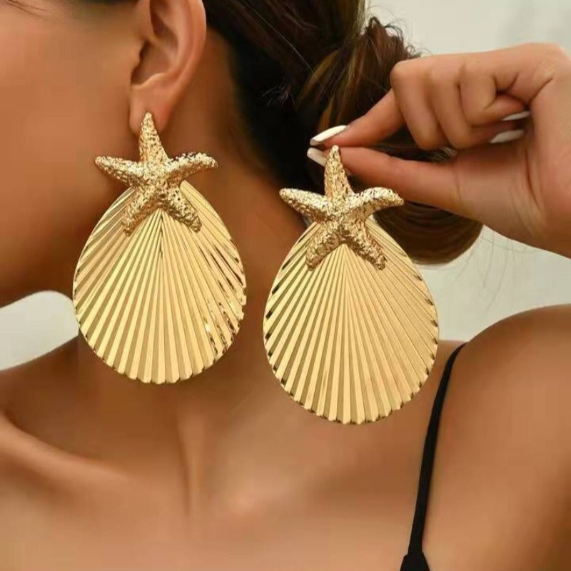 Wholesale Golden Beach Sea Star Shell Scallop Exaggerated Earrings