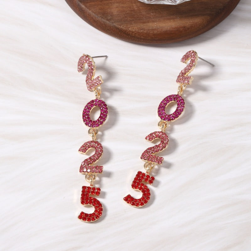 Wholesale New Year Full Diamond 2025 Digital Alloy Long High-end Niche Exquisite Versatile Earrings