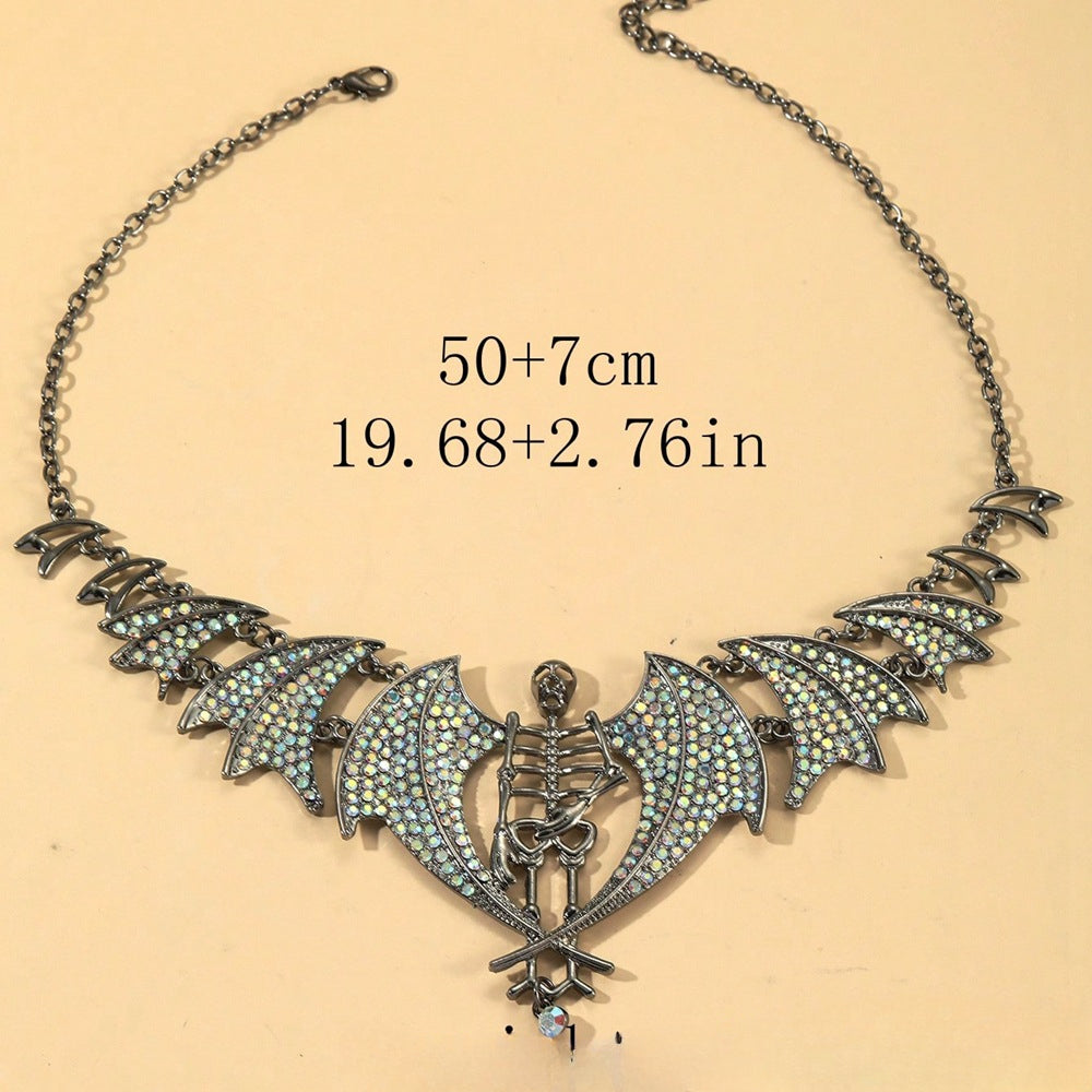 Wholesale Gothic Halloween Exaggerated Full Diamond Skull Bat Alloy Necklace