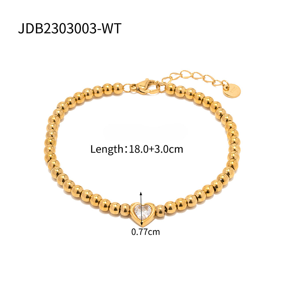 Wholesale Titanium Steel 16k Gold Bead Green Heart Zircon Bracelet