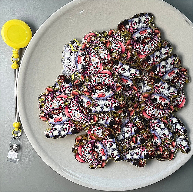 Wholesale 10pcs/Pack Cartoon Leopard Print Pink Calf DIY Acrylic Flatbacks for Badge Reels Keychains