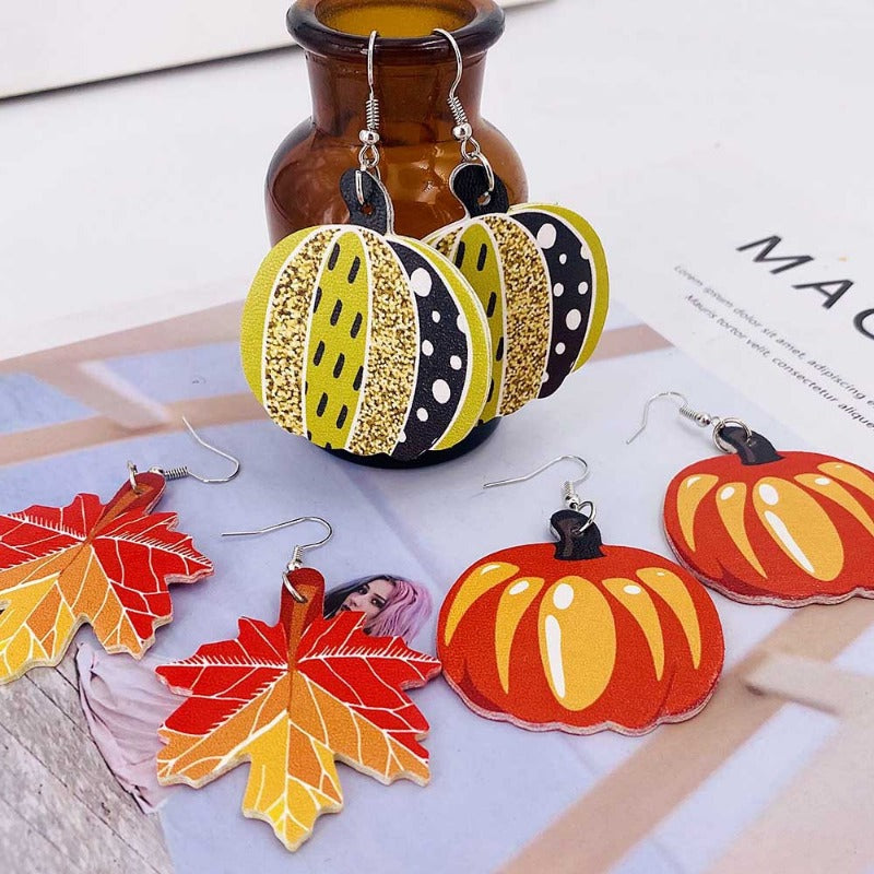 Wholesale Thanksgiving Pumpkin Autumn Maple Leaf Reversible Print Leather Earrings