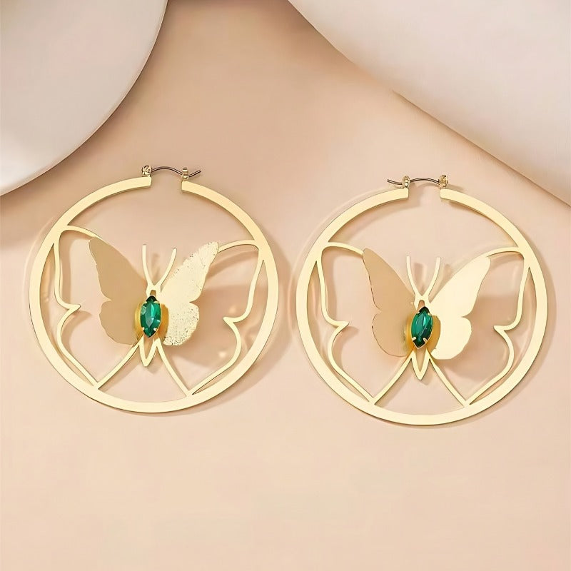 Wholesale Popular Circular Hollow Butterfly Paired with Green Imitation Diamond Commuting Exaggerated Earrings