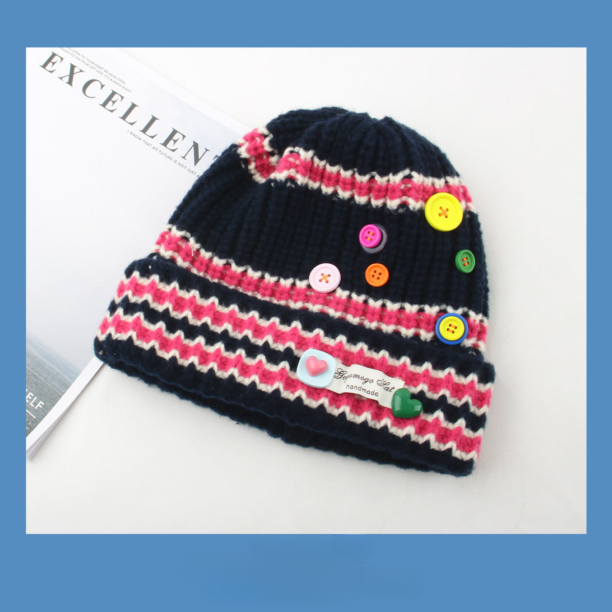 Wholesale Striped Colorful Button Knitted Woolen Knitted Hat