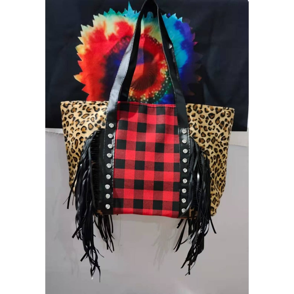 Wholesale Western Style Leopard Pattern Cow Pattern Sunflower Black Red Checkered Tassel Shoulder Bag