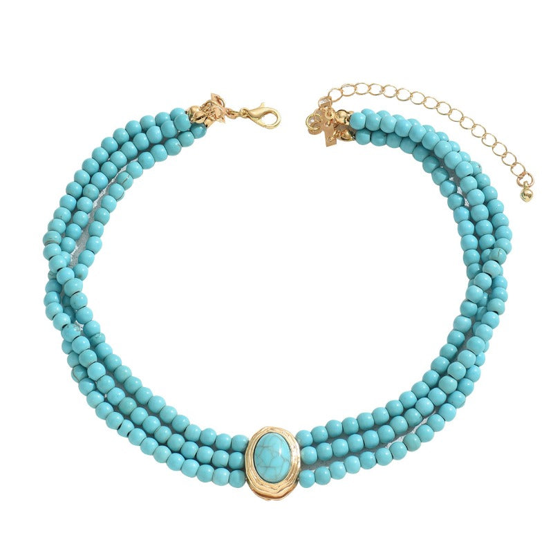 Wholesale Fashion Retro Geometric Beads Simple Turquoise Multi-layer Design Long Chain Alloy Clavicle Chain