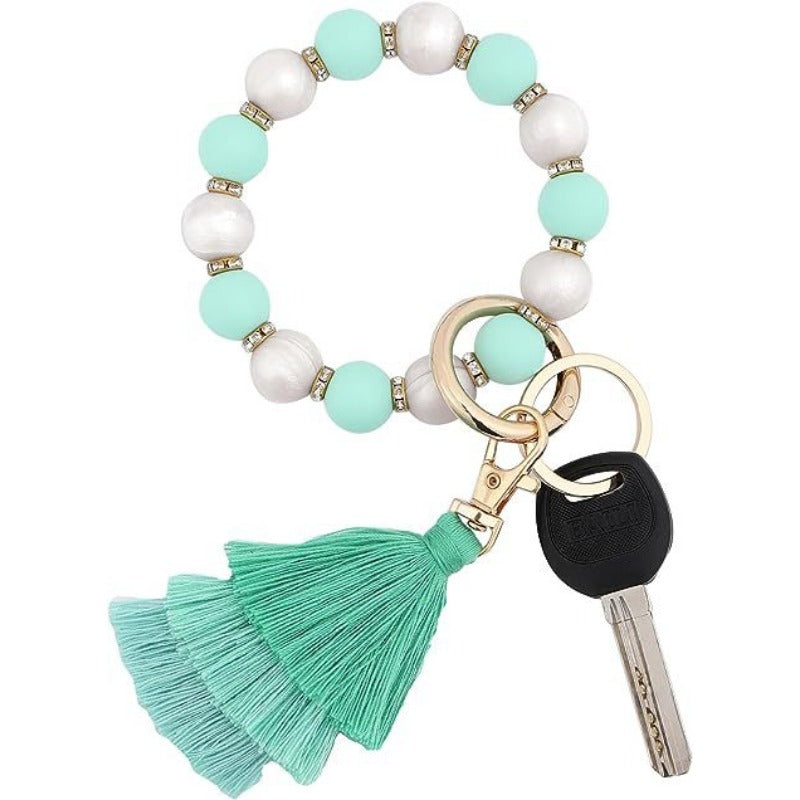 Wholesale Leopard Pattern Silicone Beads Three Layer Thread Tassel Wrist Keychain
