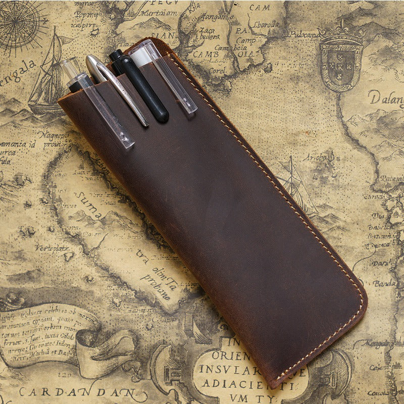 Wholesale Simple Retro Cowhide Large Capacity Pencil Case