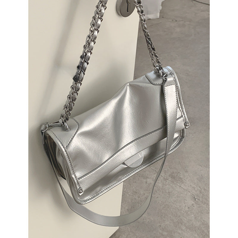 Wholesale Niche Design Silver Pleated Soft Leather Tote Shoulder Crossbody Bag