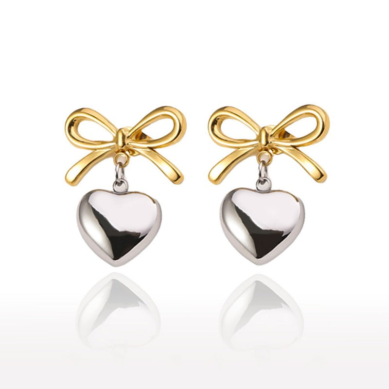 Wholesale Light Luxury Retro Stainless Steel Plated 18k Gold Bow Titanium Steel Heart Earrings
