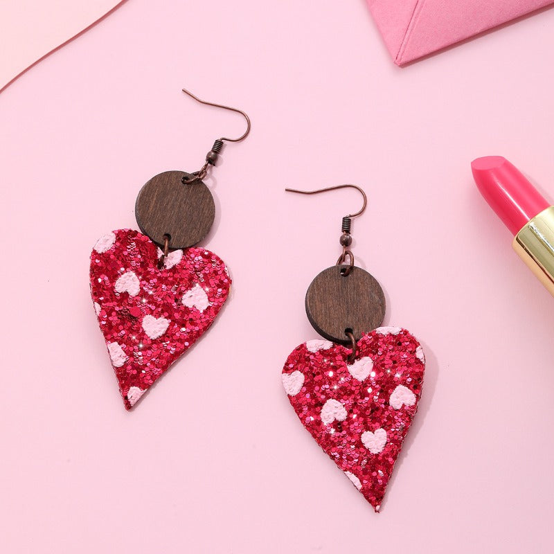 Wholesale Valentine's Day Sequin Particles, Heart-shaped Leather Wooden Block Earrings