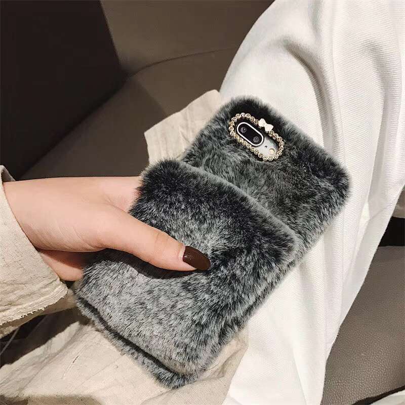 Wholesale Winter Warm Rabbit Plush Wrist Strap Holder Phone Case