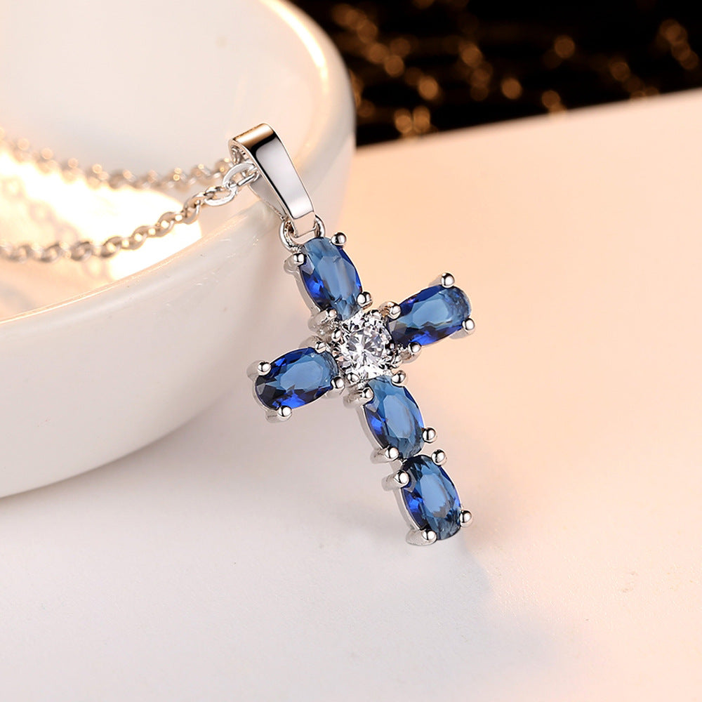 Wholesale Cross Blue Zircon Pendant Necklace Clavicle Chain