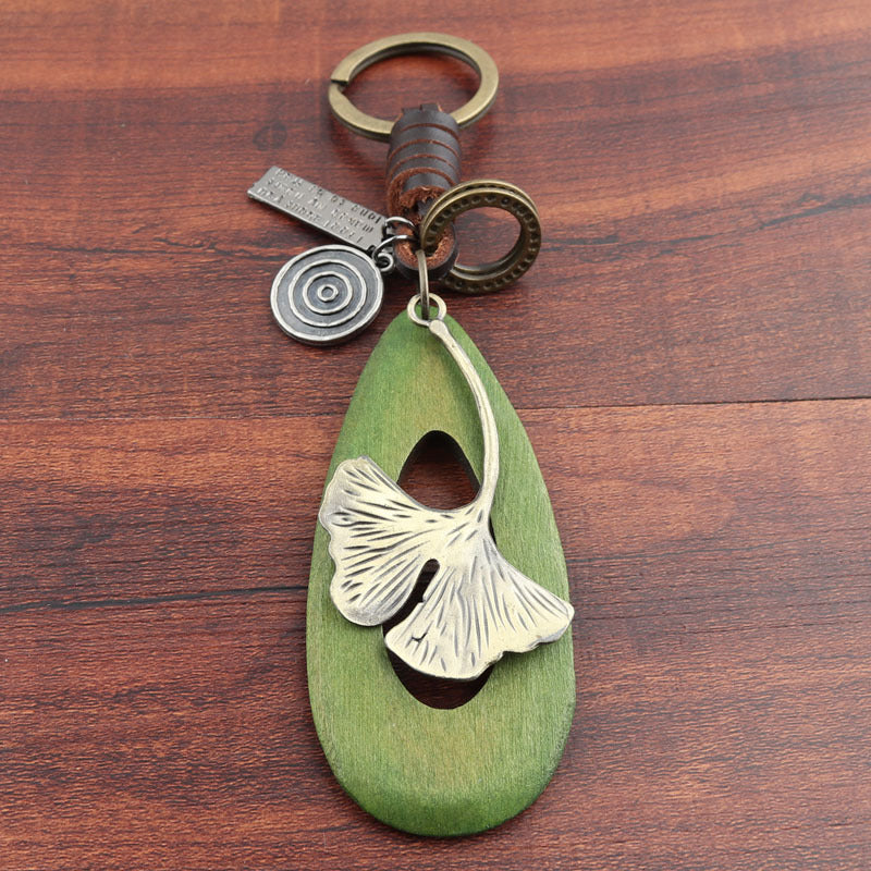 Wholesale Genuine Leather Alloy Ginkgo Leaf Wooden Keychains