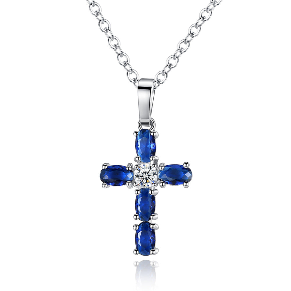 Wholesale Cross Blue Zircon Pendant Necklace Clavicle Chain