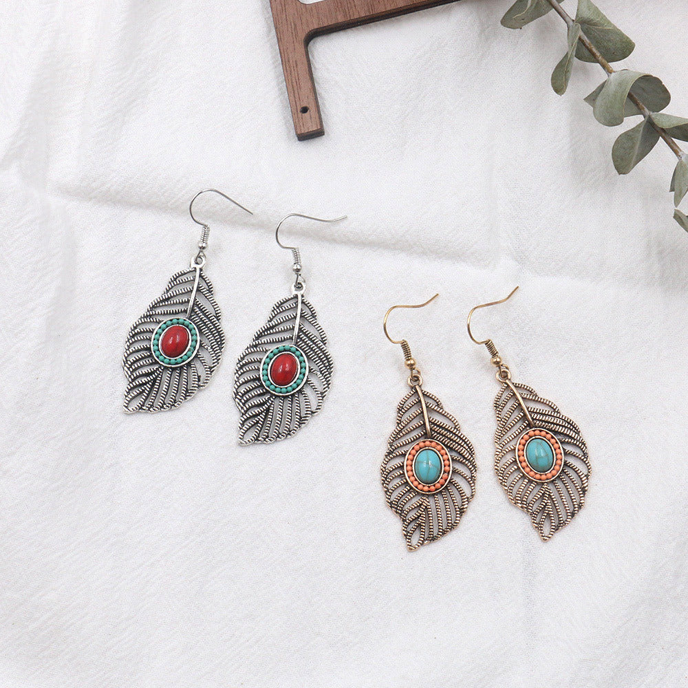 Wholesale Bohemian Hollow Tree Leaf Inlaid Turquoise Drop Earrings