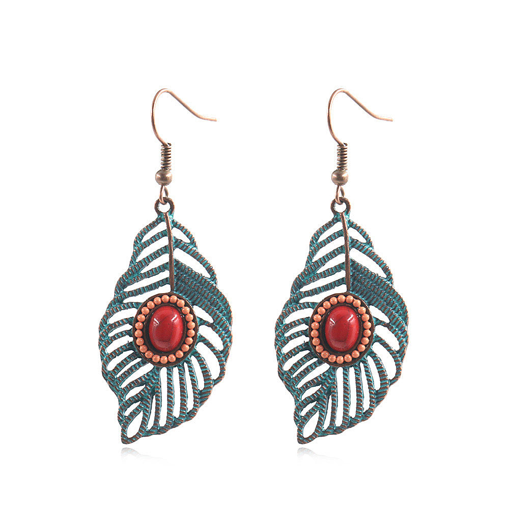 Wholesale Bohemian Hollow Tree Leaf Inlaid Turquoise Drop Earrings