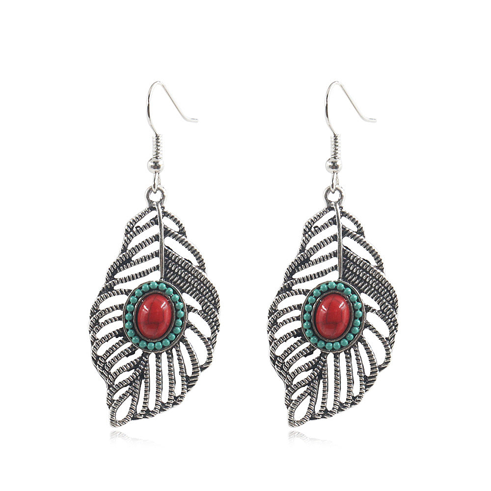 Wholesale Bohemian Hollow Tree Leaf Inlaid Turquoise Drop Earrings