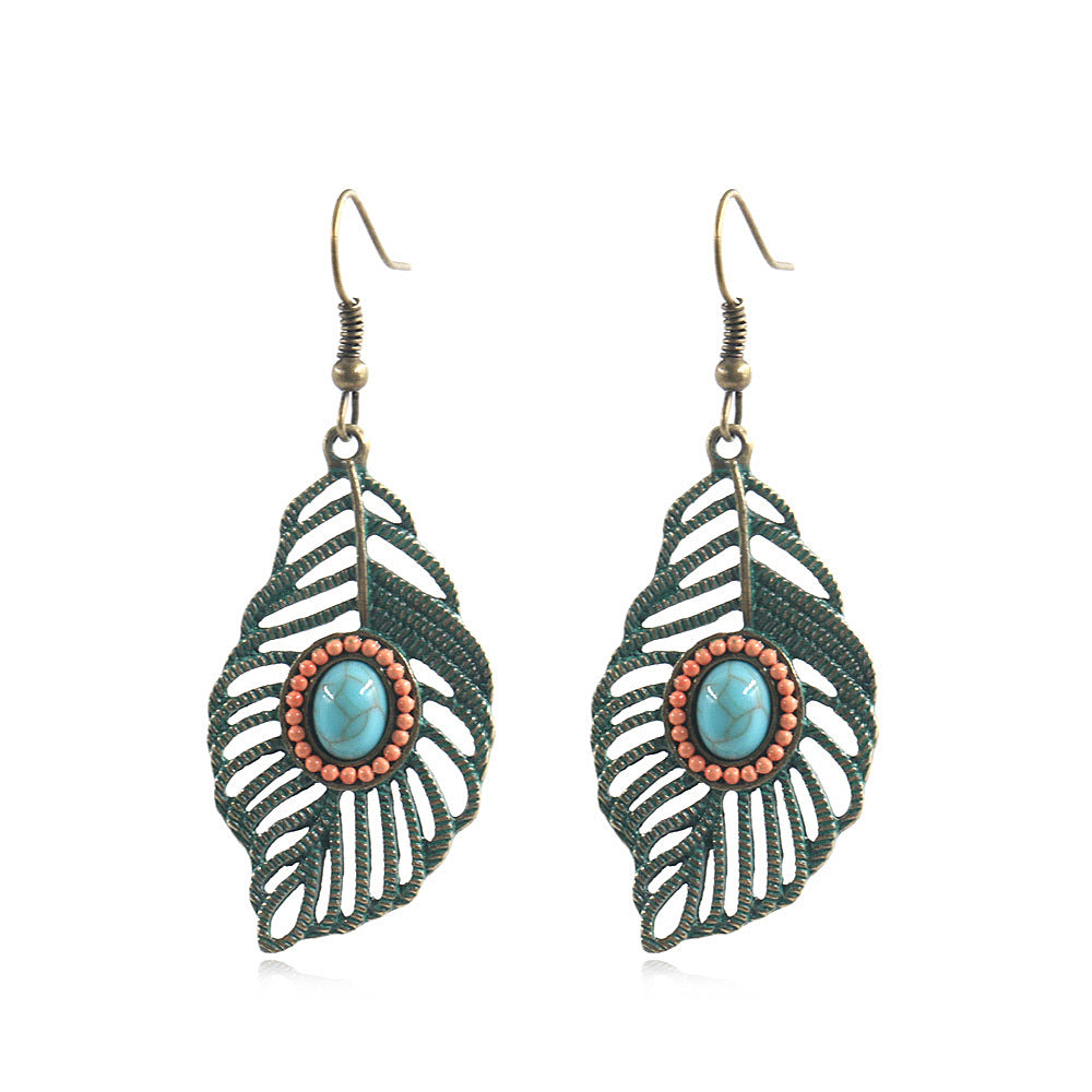 Wholesale Bohemian Hollow Tree Leaf Inlaid Turquoise Drop Earrings
