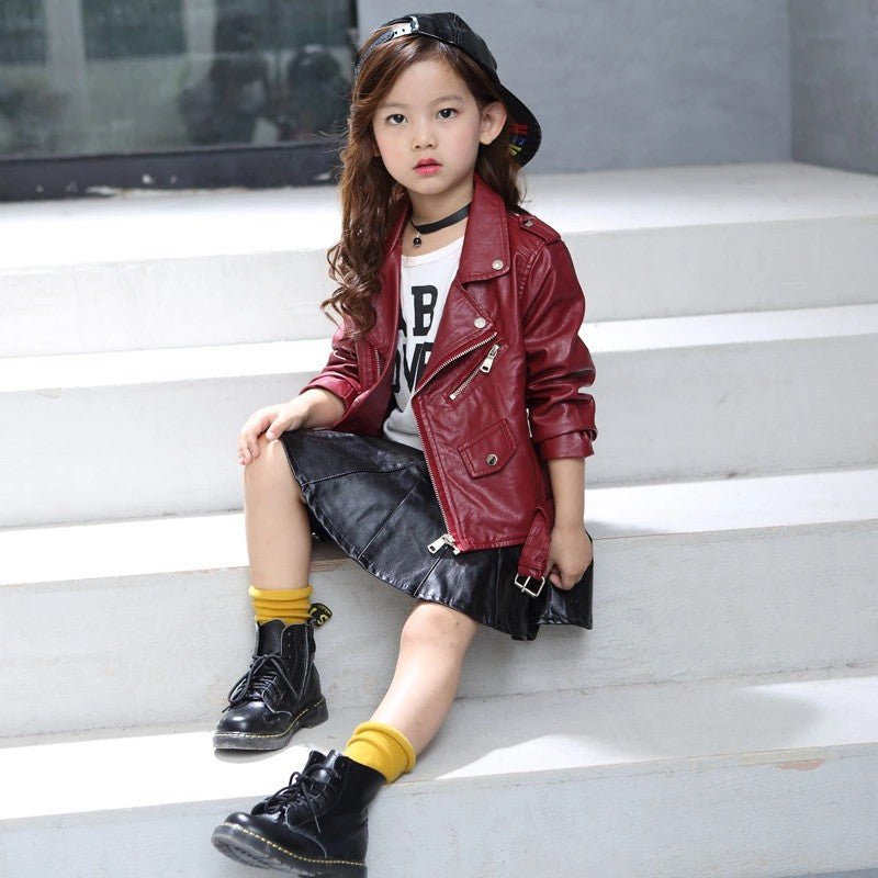 Wholesale Children's PU Leather Jacket Short Belt Buckle Solid Color Leather Jacket Jacket
