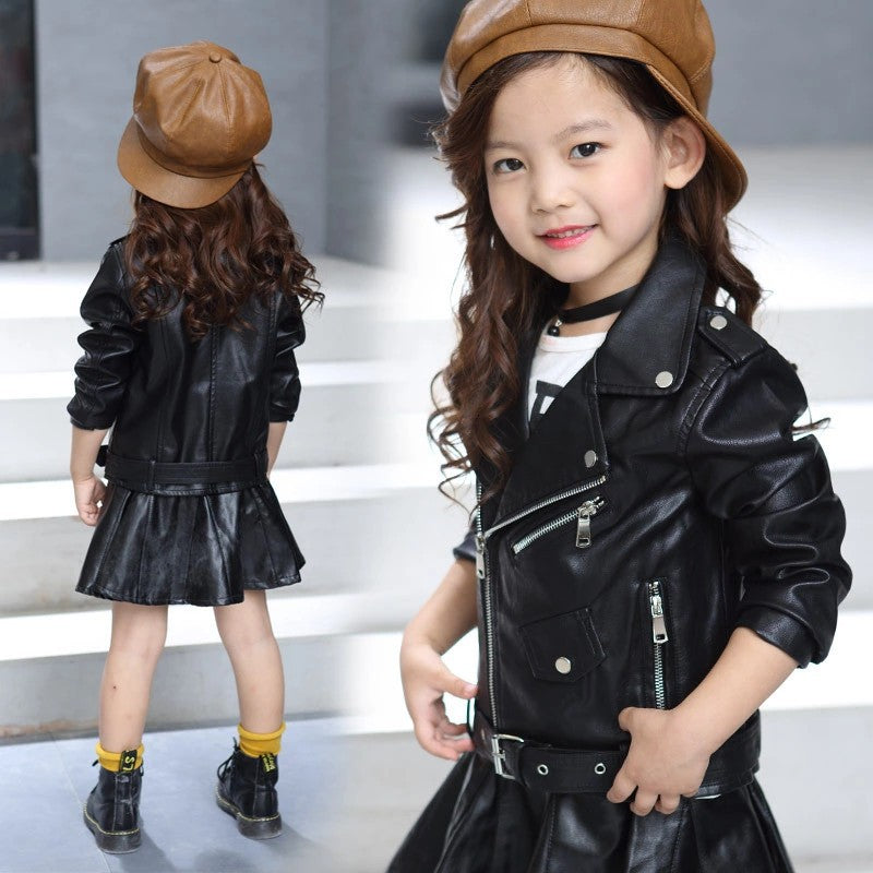 Wholesale Children's PU Leather Jacket Short Belt Buckle Solid Color Leather Jacket Jacket