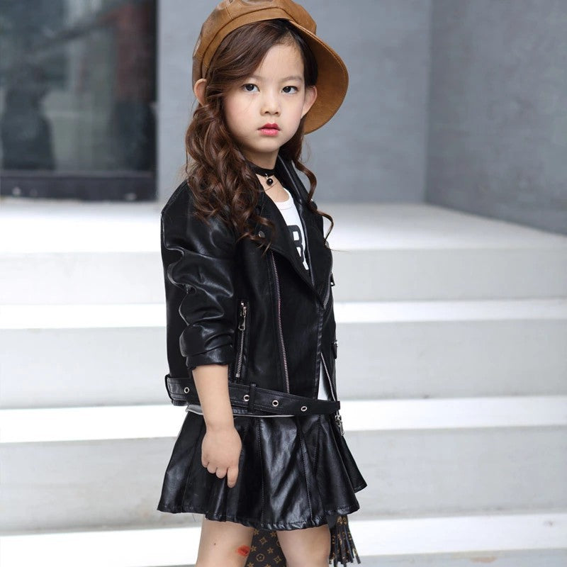Wholesale Children's PU Leather Jacket Short Belt Buckle Solid Color Leather Jacket Jacket