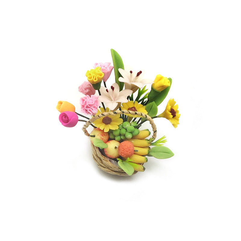 Wholesale 1:12 Dollhouse Mini Clay Flowers Round Fruit Basket