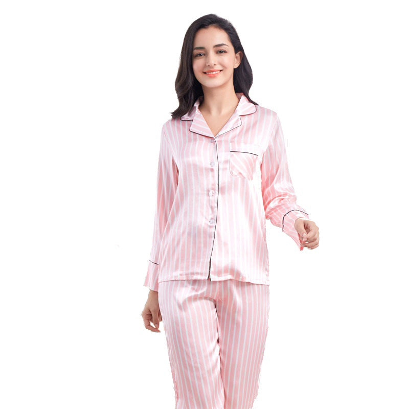 Wholesale Imitation Silk Pajamas Striped Casual Home Wear Thin Long Sleeve Trousers Suit