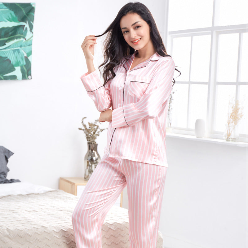 Wholesale Imitation Silk Pajamas Striped Casual Home Wear Thin Long Sleeve Trousers Suit