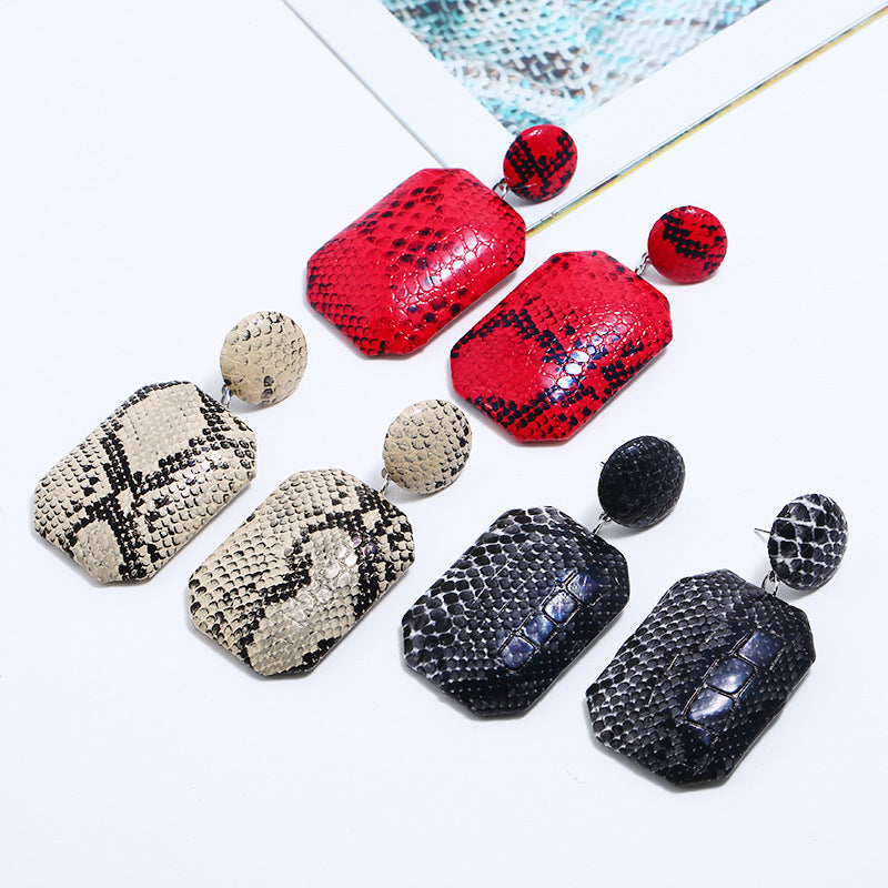 Wholesale Geometric Square Leather Snake Pattern Earrings