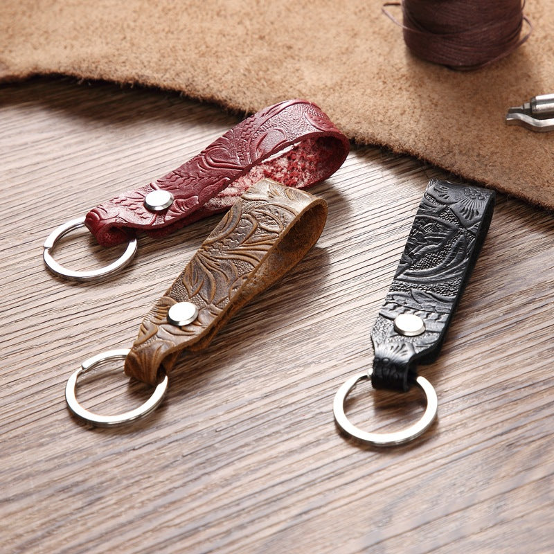 Wholesale Carved Cowhide Genuine Leather Keychain for Car