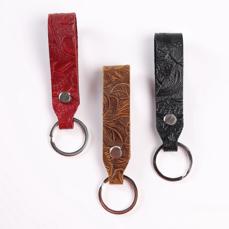 Wholesale Carved Cowhide Genuine Leather Keychain for Car