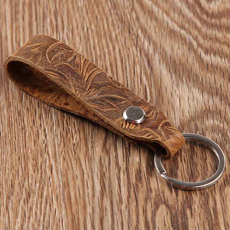 Wholesale Carved Cowhide Genuine Leather Keychain for Car